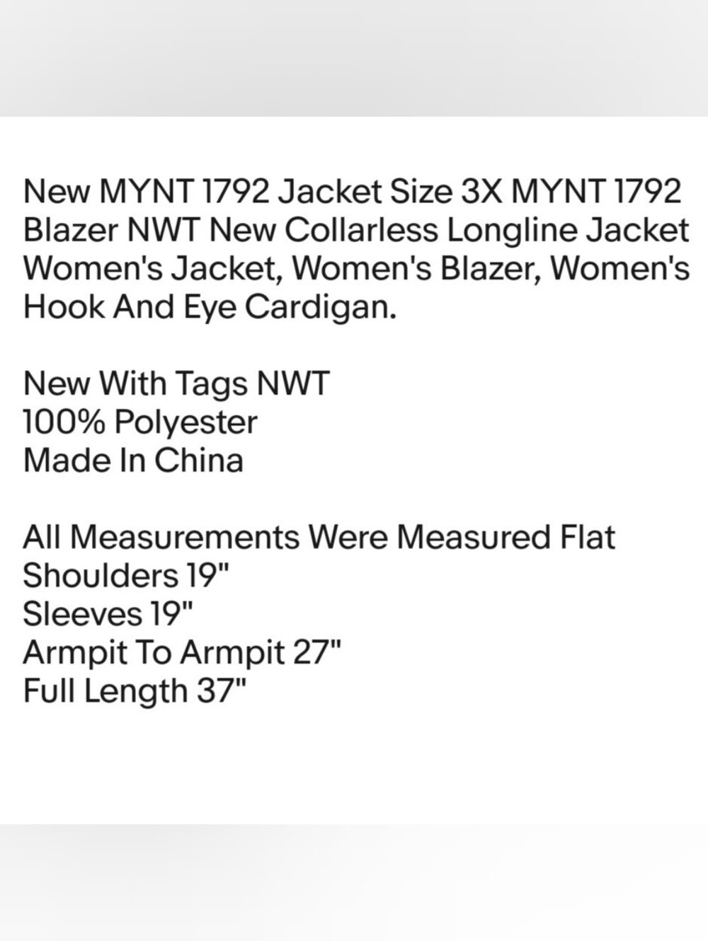 New MYNT 1792 Jacket Size 3X MYNT 1792 Blazer NWT New Collarless Longline Jacket - Picture 2 of 7